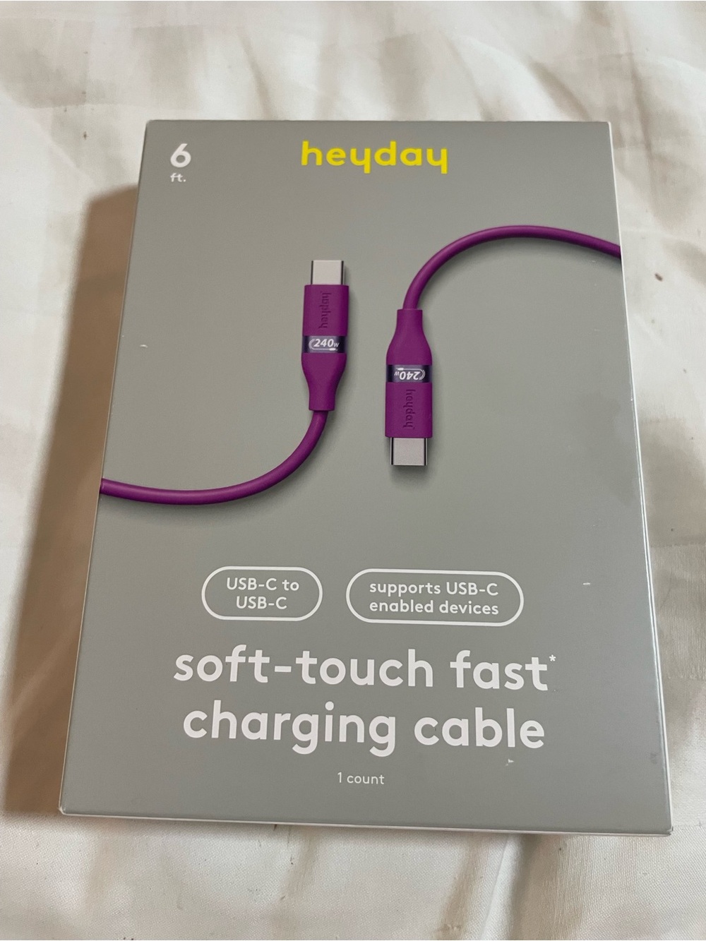Heyday 240 Purple USB-C to USB-C fast Charging Cable 6 feet Silicone Neon Violet - Picture 2 of 14